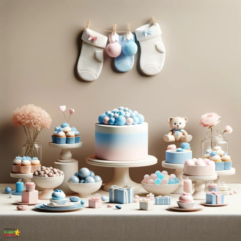 A baby shower dessert table with blue-themed treats displayed: cake, cupcakes, cookies, and candies. Small socks hang above; a teddy bear decoration is visible.