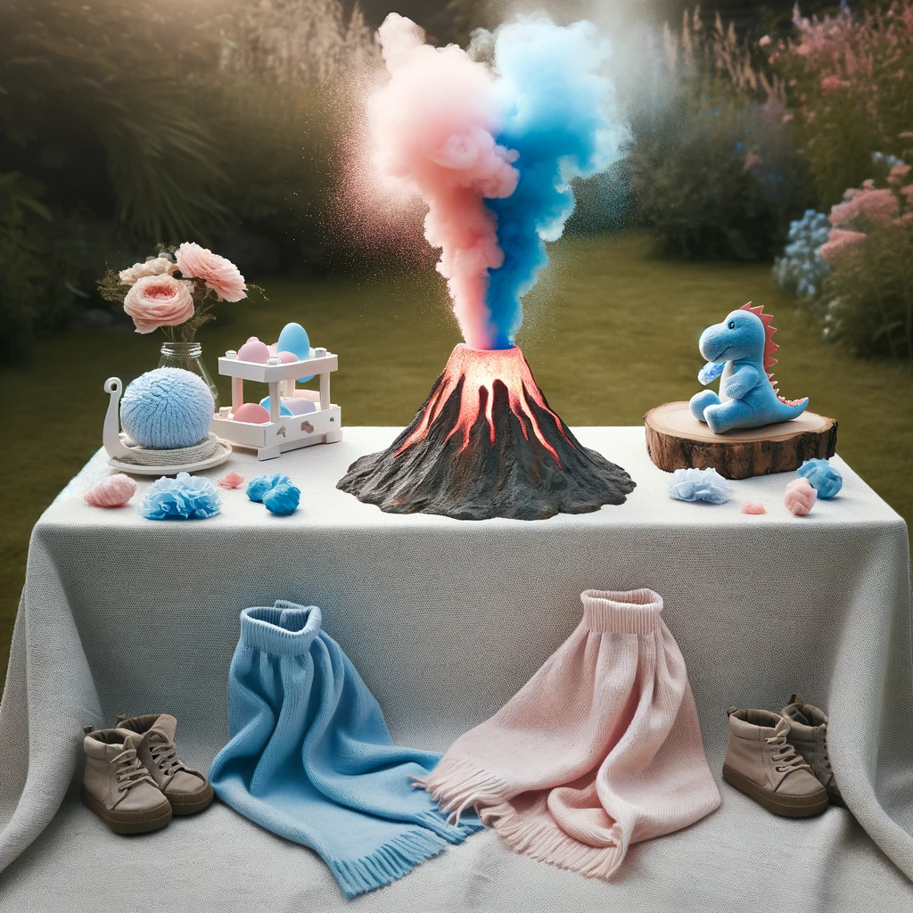 This image depicts a gender reveal setup featuring a smoke-emitting volcano with blue and pink smoke, baby clothes, shoes, and toys on a table outdoors.