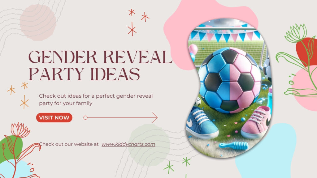 This is a promotional image for gender reveal party ideas with pink and blue colors, featuring soccer balls, baby shoes, and an invitation to visit a website.