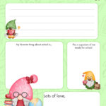 A colorful stationery template with a "September" header, intended for a school-themed letter, featuring cute gnome characters holding school supplies.