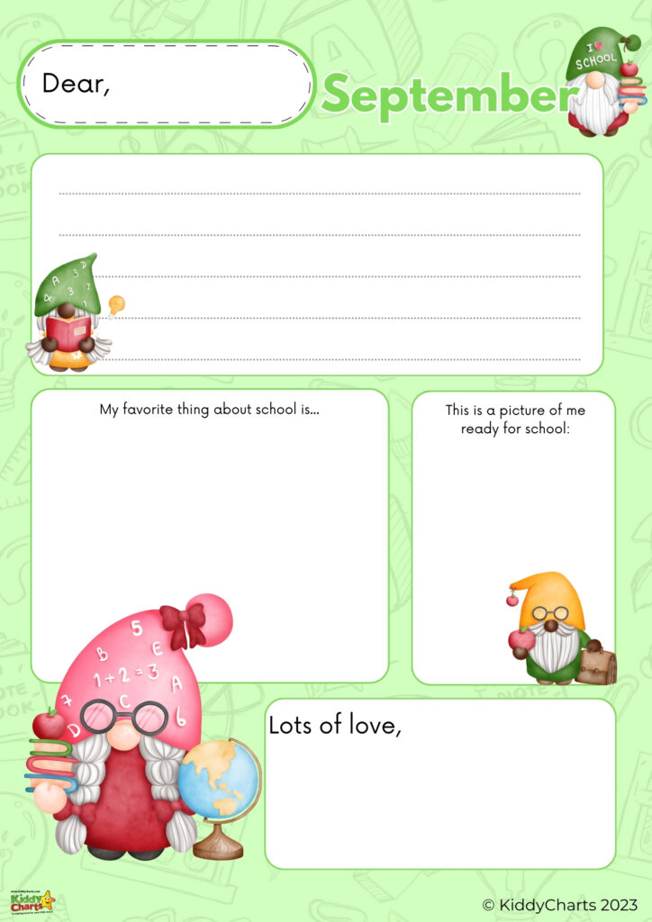 A colorful stationery template with a "September" header, intended for a school-themed letter, featuring cute gnome characters holding school supplies.