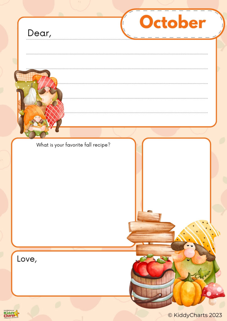 This is a printable October-themed letter template featuring colorful fall illustrations such as pumpkins, apples, and an animated character holding an umbrella.