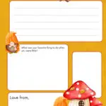 This is a whimsical November-themed stationery template featuring cartoon gnomes, a mushroom house, fall leaves, and spaces for writing a personalized letter.