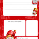 This is a red-themed, festive, printable letter template with spaces for personalized text and illustrations of whimsical, bearded gnome characters wearing holiday attire.