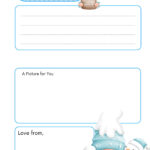 This image is a children's template for a January-themed letter, featuring spaces for writing and a drawing, decorated with a snowman and a gnome.