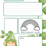 This is a cheerful, themed stationery template for March featuring a whimsical gnome, a clover bow, and a line-drawn rainbow surrounded by green foliage.