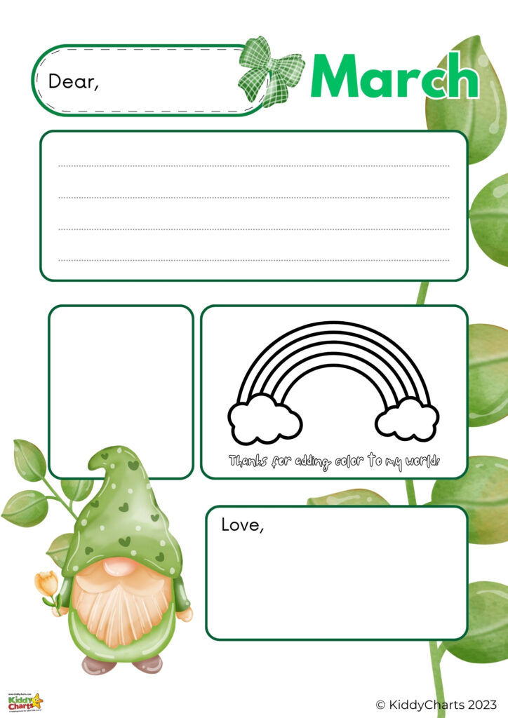 This is a cheerful, themed stationery template for March featuring a whimsical gnome, a clover bow, and a line-drawn rainbow surrounded by green foliage.
