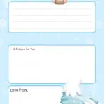 This image features a printable January-themed letter template with snowflakes, a cartoon gnome, a snowman, spaces for writing, and festive decorations.
