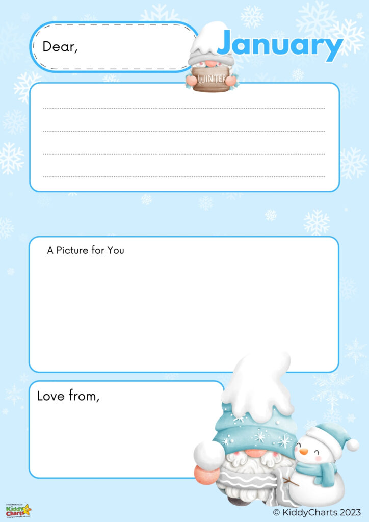 This image features a printable January-themed letter template with snowflakes, a cartoon gnome, a snowman, spaces for writing, and festive decorations.