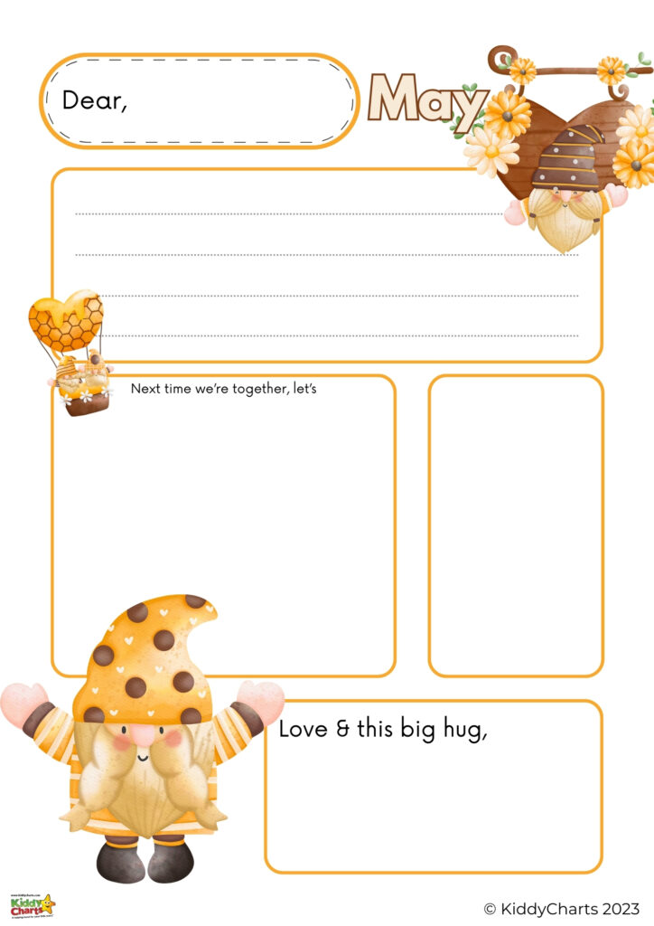 This is a whimsical, bee-themed stationery template with spaces to write a letter, suggest future activities, and express love with a big hug.