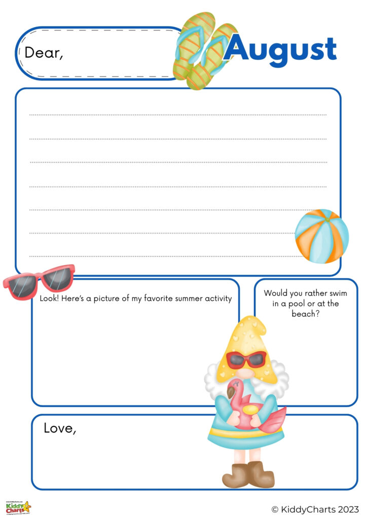 This image shows a colorful template for a summer-themed letter with illustrations of flip-flops, sunglasses, a beach ball, and an anthropomorphic ice cream.