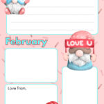 This image features a whimsical February-themed template with spaces for writing, adorned with cartoonish gnome figures and a pink color scheme.