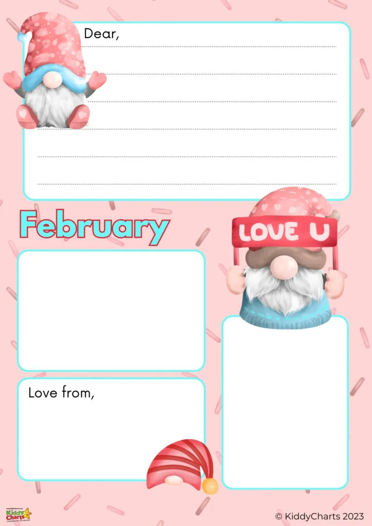 This image features a whimsical February-themed template with spaces for writing, adorned with cartoonish gnome figures and a pink color scheme.