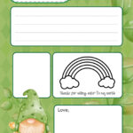 The image showcases a printable letter template with a whimsical March theme, including a cartoonish gnome, a rainbow, and spaces for personal messages.