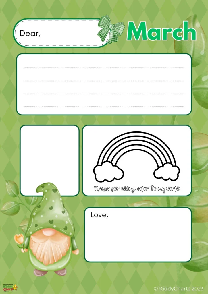 The image showcases a printable letter template with a whimsical March theme, including a cartoonish gnome, a rainbow, and spaces for personal messages.