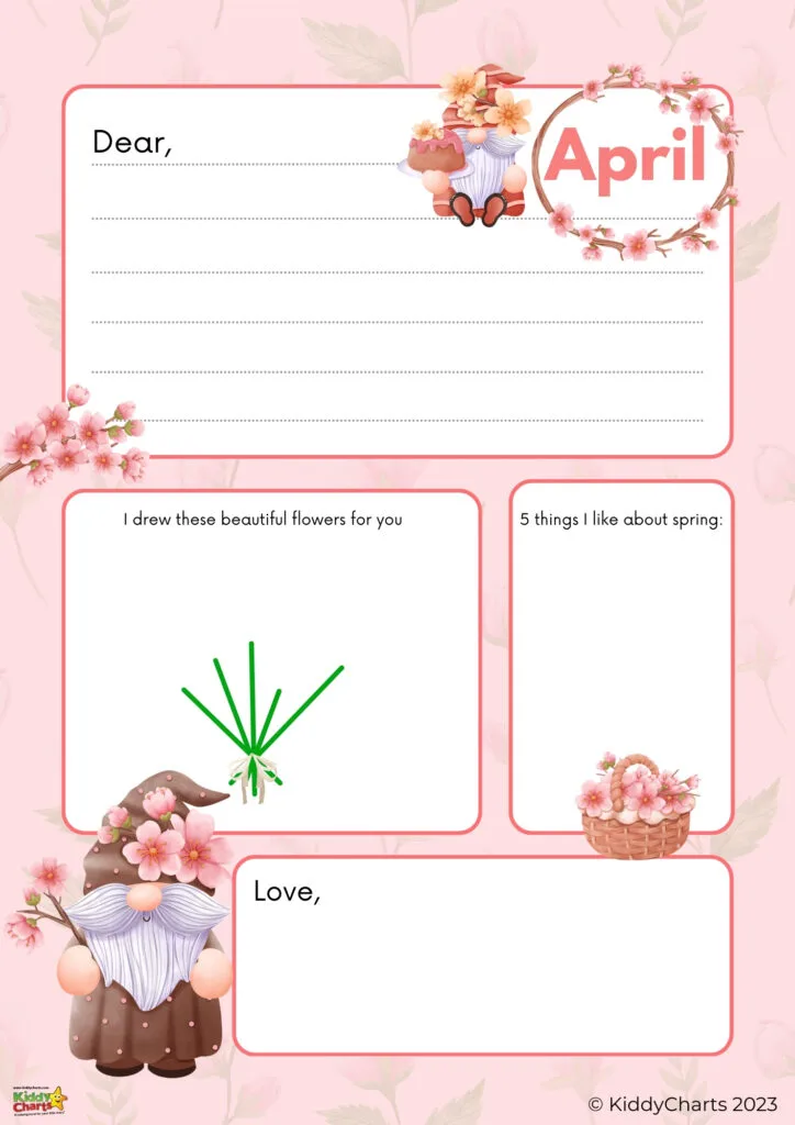 This is a pink-themed April stationery page with areas for a message, flower drawing, list of spring favorites, and a closing. Decorated with gnome graphics and flowers.