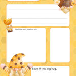 A cheerful, bee-themed letter template with spaces for personal messages, decorated with cartoon bees, honey pots, and yellow hearts. The text prompts suggest affection.