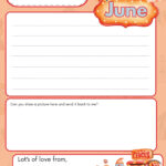This is a colorful printable letter template for June, featuring circus-themed illustrations and space for writing, with a prompt for a drawing.