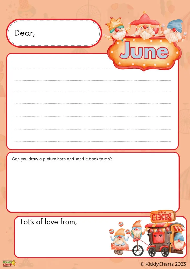 This is a colorful printable letter template for June, featuring circus-themed illustrations and space for writing, with a prompt for a drawing.