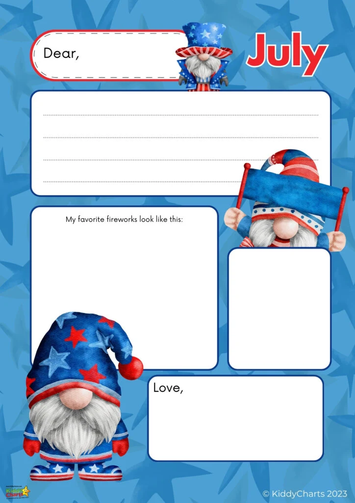 A festive July-themed stationery template featuring cartoon gnomes dressed in red, white, and blue, with blank spaces for writing and drawing fireworks.