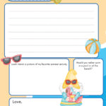 The image shows a colorful summer-themed stationery template with a cartoon ice cream wearing sunglasses and holding a float. It includes spaces for writing and decorations.