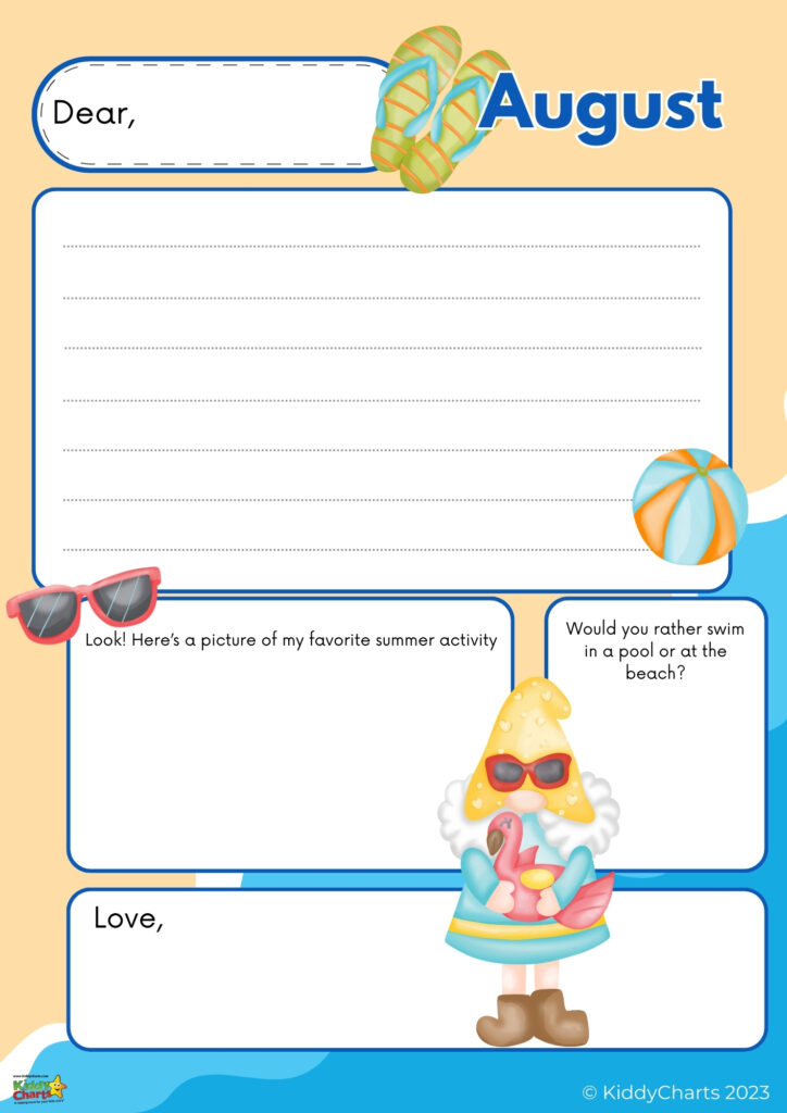 The image shows a colorful summer-themed stationery template with a cartoon ice cream wearing sunglasses and holding a float. It includes spaces for writing and decorations.