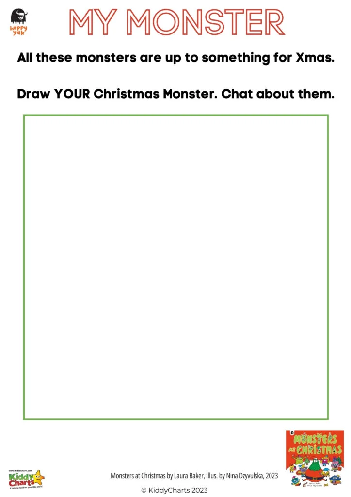A colorful children's activity sheet titled "MY MONSTER" with instructions to draw a Christmas monster and space provided for the drawing.