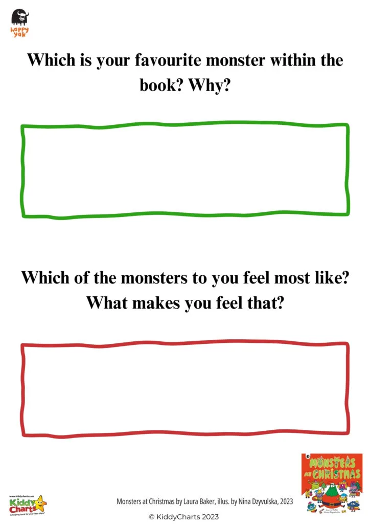 This image is an activity sheet asking readers to identify their favorite monster from a book and to express which monster they relate to most.
