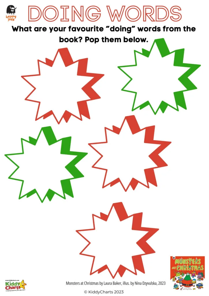 The image contains colorful outlined starburst shapes for writing words from a book entitled "Monsters at Christmas." It's a children's activity sheet from KiddyCharts, 2023.