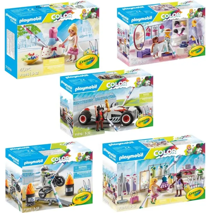 The image shows four Playmobil Color toy sets, each with a figure and accessories, designed to be customized with included Crayola pens.
