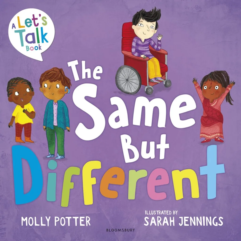 The image is a book cover titled "The Same But Different" by Molly Potter, illustrated by Sarah Jennings, featuring diverse children, one in a wheelchair.