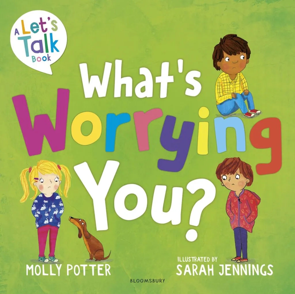 This is a colorful book cover for "What's Worrying You?" featuring three illustrated children looking concerned, with big bold title text and a small dog.
