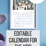 An editable calendar for kids for January 2024 is displayed with a winter scene, accompanied by a large "2024" bubble and a download button.