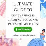 This image is an advertisement for a Disney princess coloring book guide with a download button, featuring three illustrated princesses and a castle background.