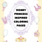 This image features a cover for a Disney Princess inspired coloring pages book with various princess-related items illustrated, published by KiddyCharts in 2024.