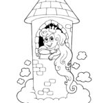 This is a black and white coloring page featuring a cartoon princess with long hair in a high tower, clouds and a distant castle silhouette below.