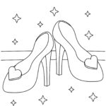 This is a coloring page featuring a pair of high-heeled shoes with heart decorations, titled "Design Your Own Cinderella Glass Slippers," and has star motifs.