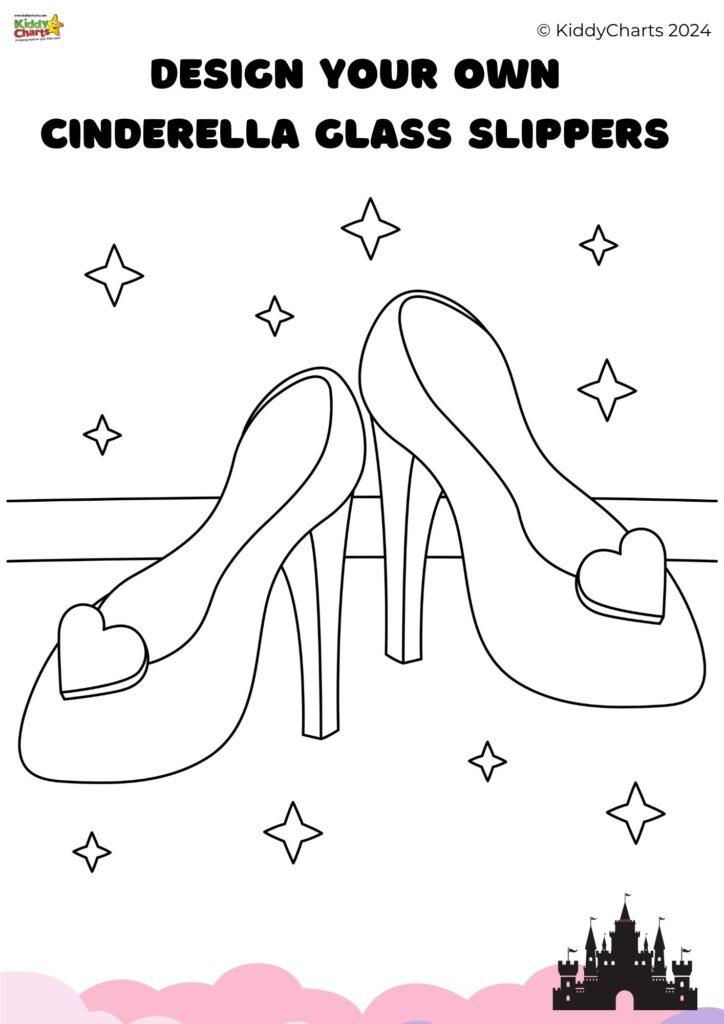 This is a coloring page featuring a pair of high-heeled shoes with heart decorations, titled "Design Your Own Cinderella Glass Slippers," and has star motifs.