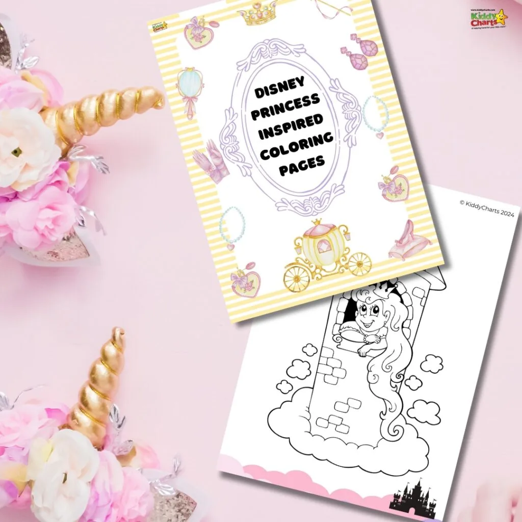 A flat lay photo features Disney Princess-inspired coloring pages with floral decorations and a unicorn horn, arranged on a pink background.