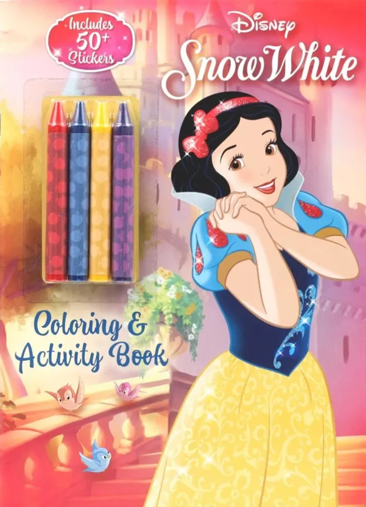 A "Disney Snow White" coloring and activity book cover featuring the animated character Snow White, three birds, a castle backdrop, and includes over 50 stickers.