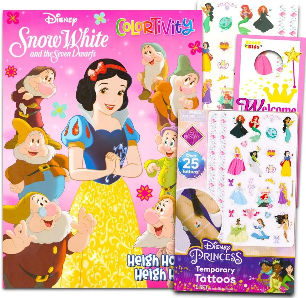 The image shows colorful Disney-themed children's activity books and temporary tattoo sheets featuring Snow White and multiple diverse princess characters.