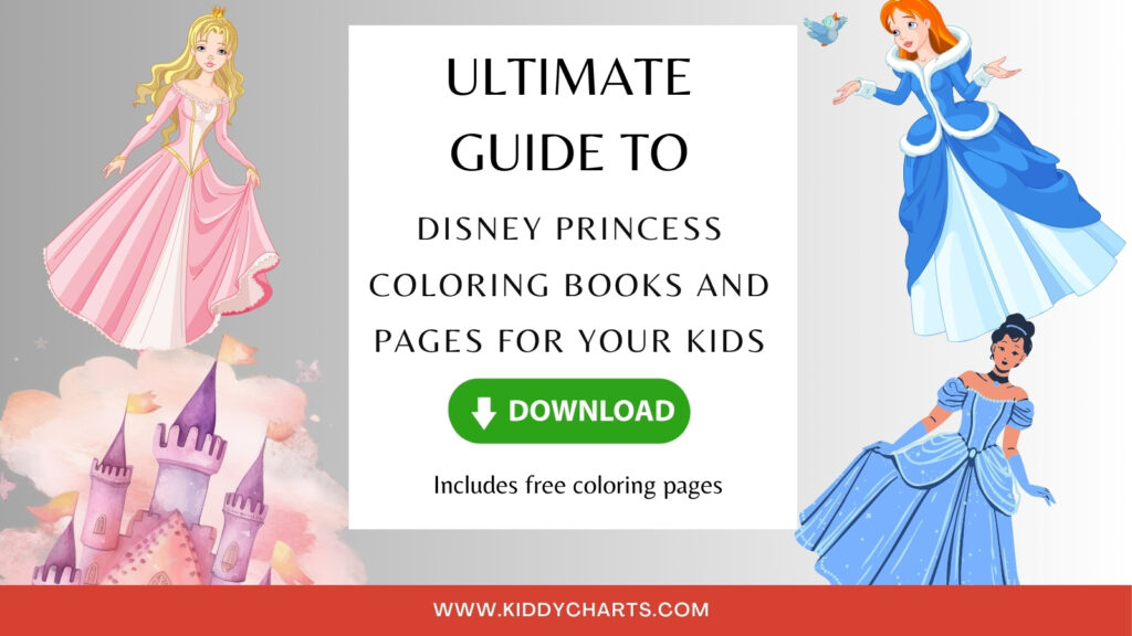 The image advertises a guide to Disney Princess coloring books with a download button, featuring illustrations of three princesses and a castle.