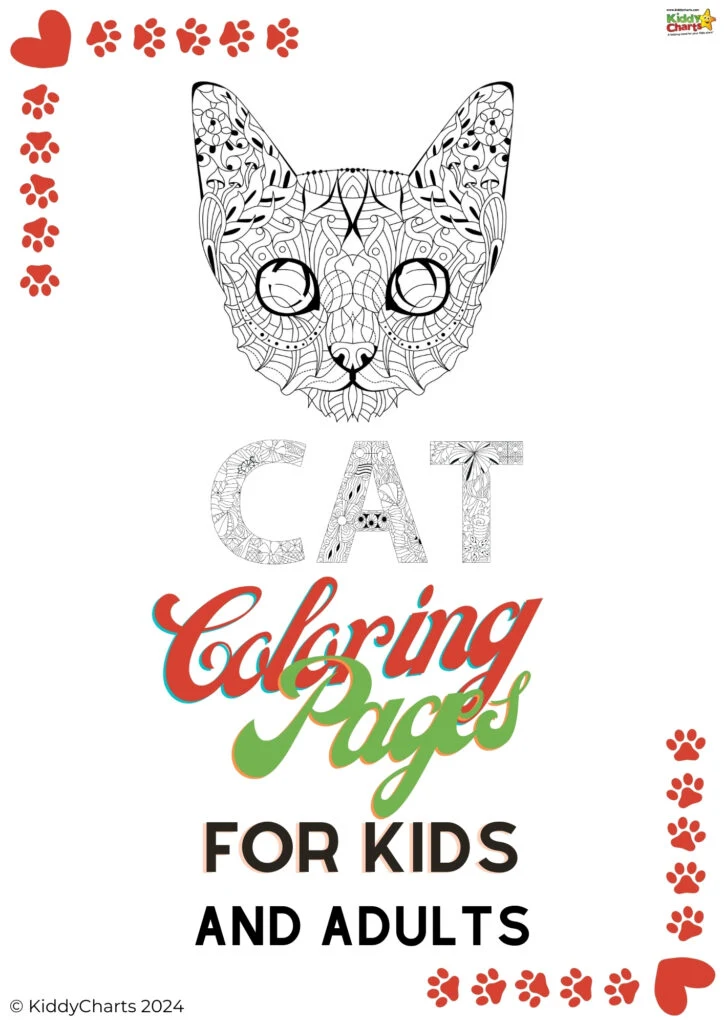 An intricate cat illustration for coloring, with the words "Cat Coloring Pages for Kids and Adults" surrounded by paw print decorations. © KiddyCharts 2024.
