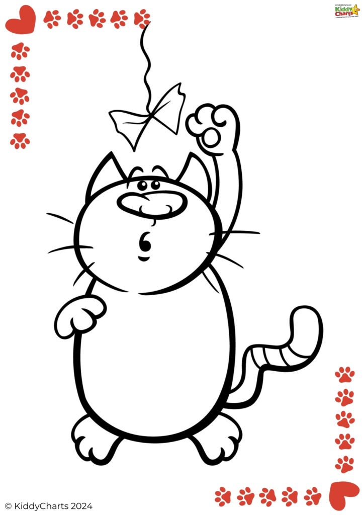A playful cartoon cat with a bow on its tail, raising one paw, smiling, surrounded by heart and paw print decorations. Contains the text "KiddyCharts 2024".