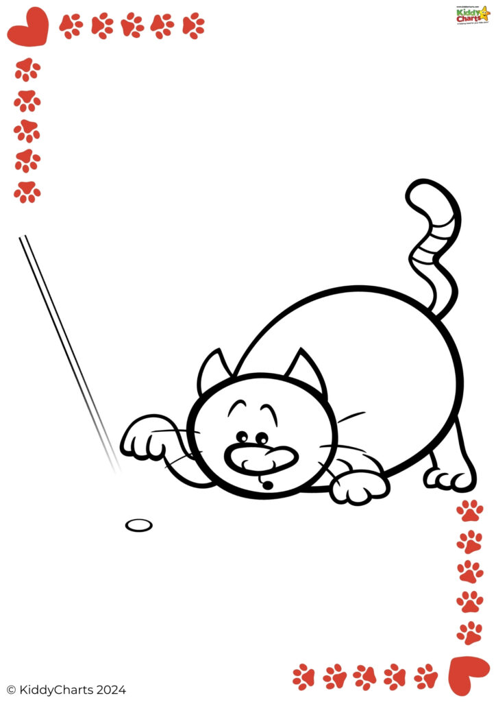 This is a simple line drawing of a playful cat focused on a thin line, possibly a string, with paw prints decorating the border of the image.
