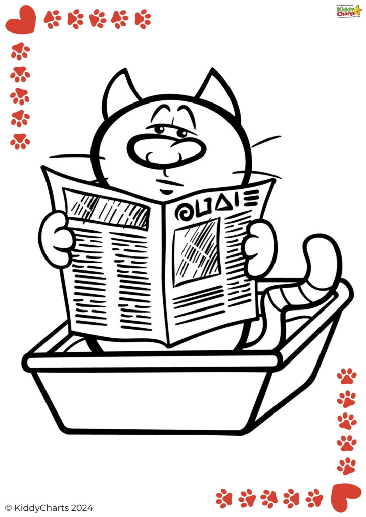 A cartoon image depicting a cat sitting comfortably inside a litter box, holding and reading a newspaper, with paw prints and hearts around.