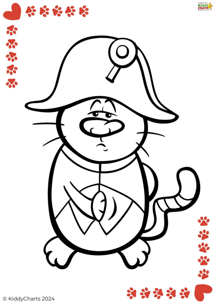 This is a black and white line drawing of an animated cat character dressed as a detective, featuring a hat with a magnifying glass and a cape, watermark included.
