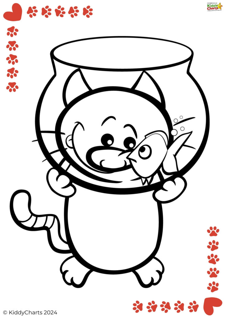 An animated cat smiling inside a fishbowl with a fish, outlined for coloring. Paw prints and hearts decorate the margins. It's watermarked "KiddyCharts 2024".
