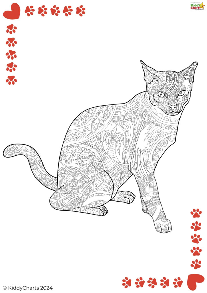 This is a black and white coloring page featuring an intricately patterned cat. It includes decorative borders with paw prints and a heart.