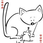 A simple black and white line drawing showing a cat looking curiously at a tiny mouse with a party hat, surrounded by paw print decorations.